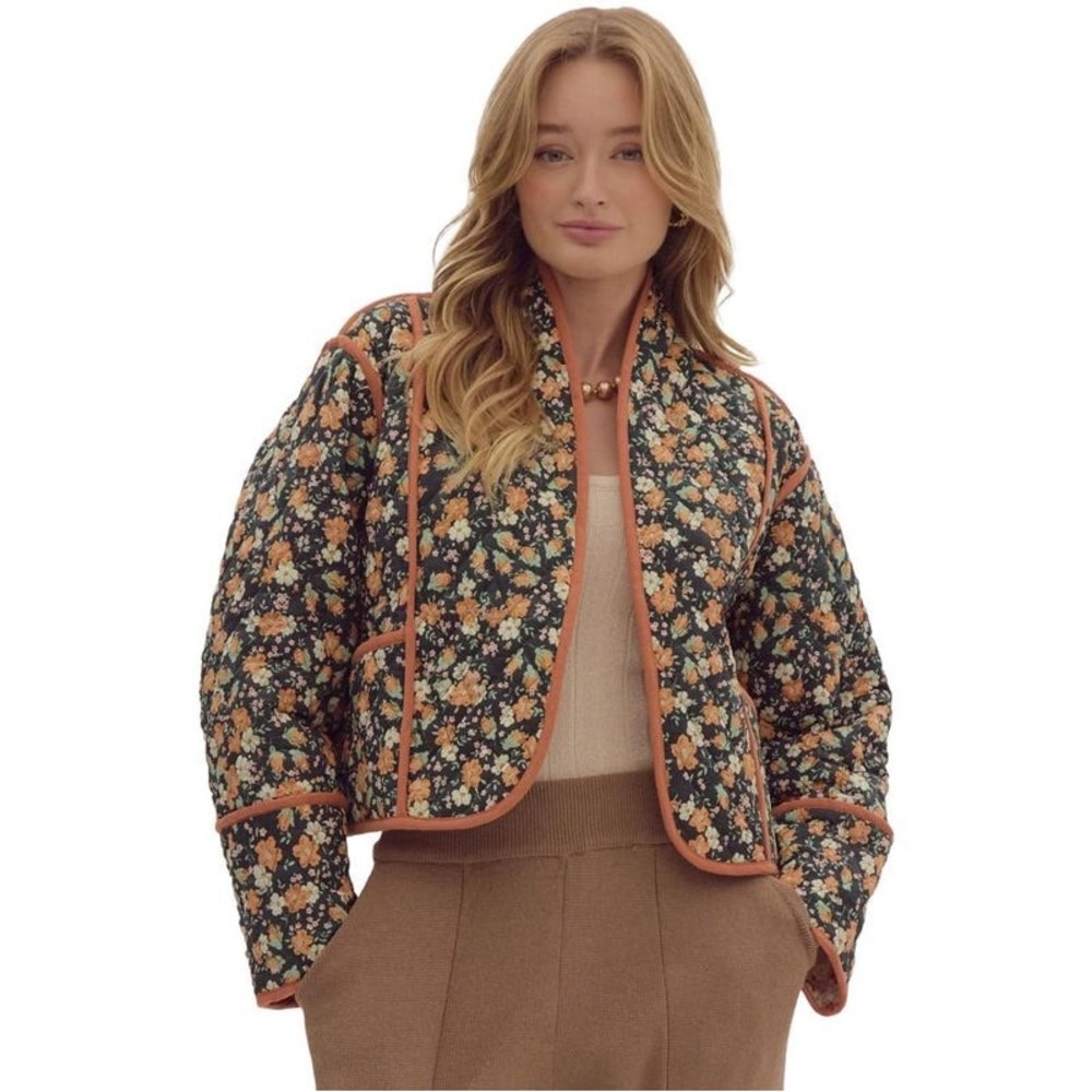 Entro Womens Reversible Floral Quilted Jacket Black Orange Pink Size L